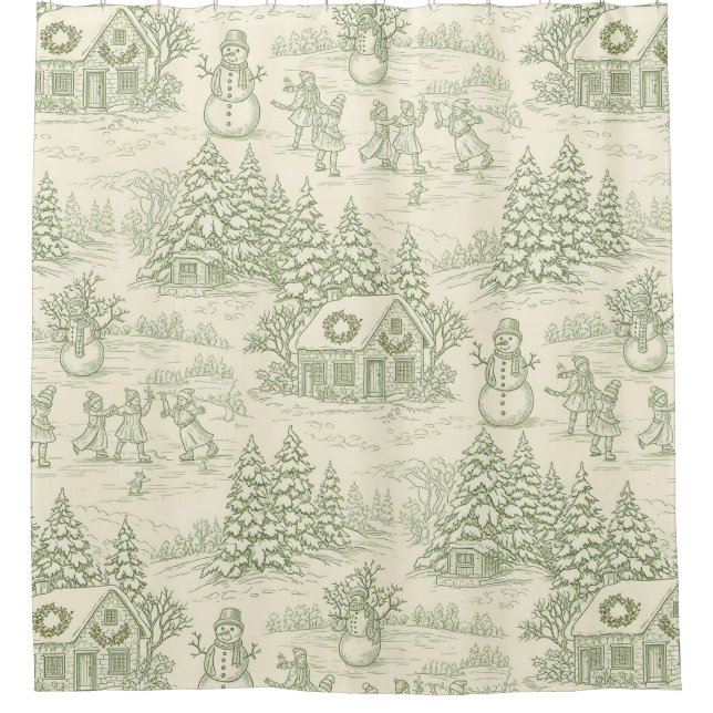 Classic Sage Winter Countryside Toile Pattern Shower Curtain (Front)
