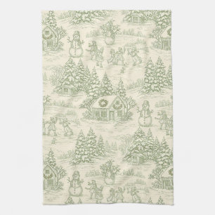 Classic Sage Winter Countryside Toile Pattern Tea Towel