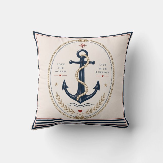 Classic Sailorcore Nautical Throw Pillow (Back)