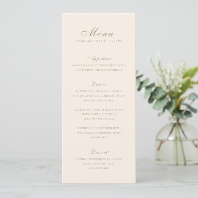 Classic Sandy Neutral Elegant Wedding Menu (Standing Front)