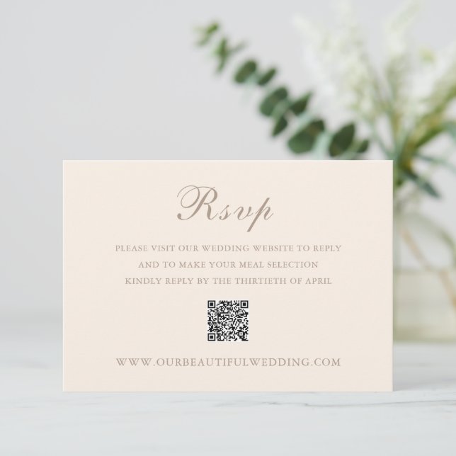 Classic Sandy Neutral QR Code Elegant Wedding RSVP Card (Standing Front)