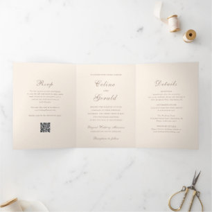 Classic Sandy Neutral QR Code Elegant Wedding Tri-Fold Invitation