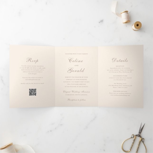 Classic Sandy Neutral QR Code Elegant Wedding Tri-Fold Invitation (Inside)