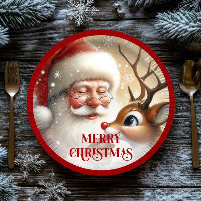 Classic Santa and Rudolph Cartoon Holiday Paper  Paper Plate (Classic Santa and Rudolph Cartoon Holiday Paper Plates

)