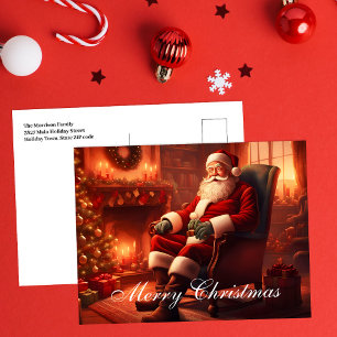 Classic Santa Christmas with Cosy Fireplace Scene Holiday Postcard