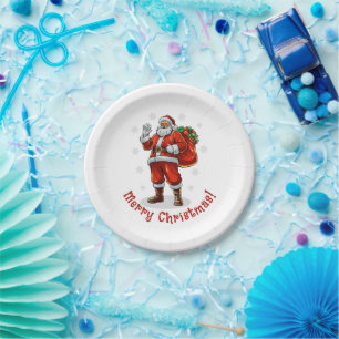Classic Santa Claus bringing Christmas presents Paper Plate