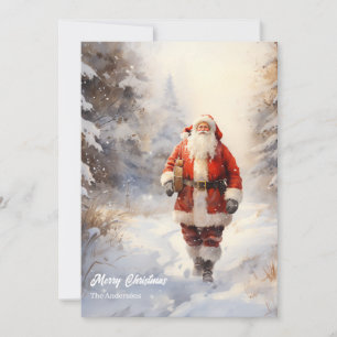 Classic Santa Claus coming in snowy forest Holiday Card