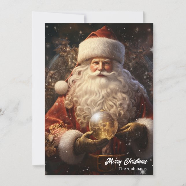 Classic Santa Claus holding glowing Christmas ball Holiday Card (Front)
