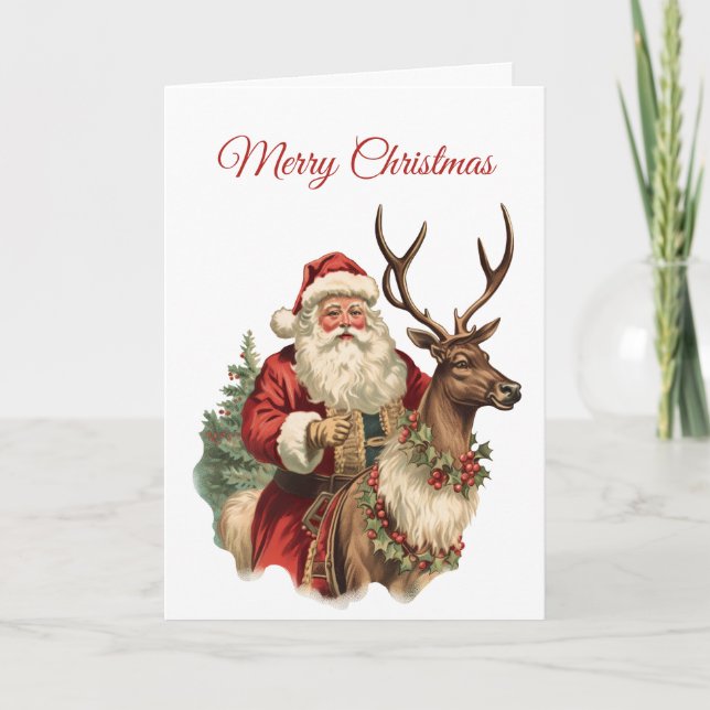 Classic Santa Claus Riding a Reindeer Christmas Card (Front)