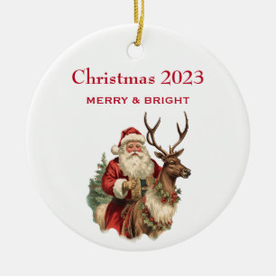 Classic Santa Claus Riding a Reindeer Christmas Ceramic Tree Decoration