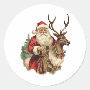 Classic Santa Claus Riding a Reindeer Christmas Classic Round Sticker
