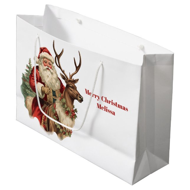 Classic Santa Claus Riding a Reindeer Christmas Large Gift Bag (Front Angled)