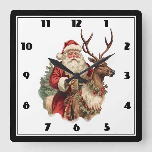 Classic Santa Claus Riding a Reindeer Christmas Square Wall Clock (Front)