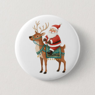 Classic Santa Claus Riding Reindeer Christmas 6 Cm Round Badge