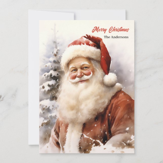 Classic Santa Claus smiling in snowy forest Holiday Card (Front)