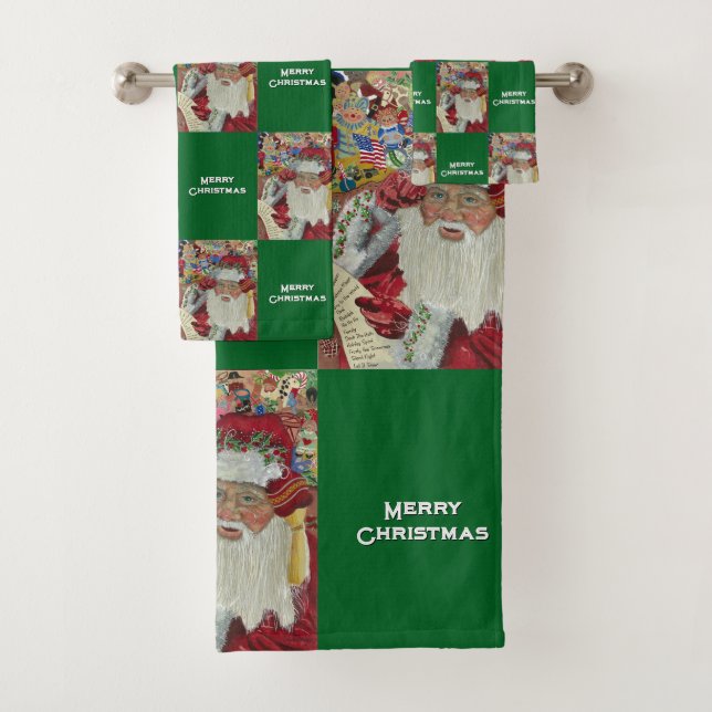 Classic Santa Green Checking It Twice Holiday Bath Towel Set (Insitu)