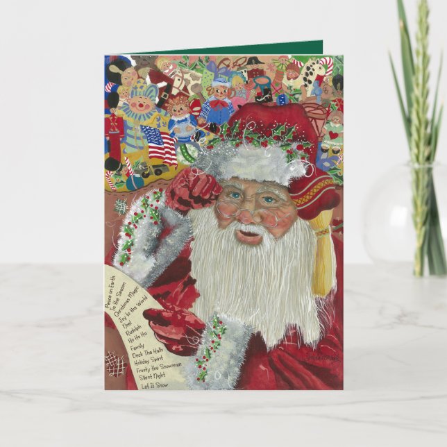 Classic Santa Green Inside Checking It Twice Holiday Card (Front)