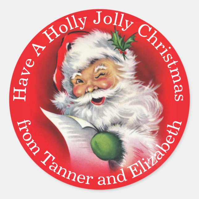 Classic Santa Holly Jolly Christmas Custom Holiday Classic Round Sticker (Front)