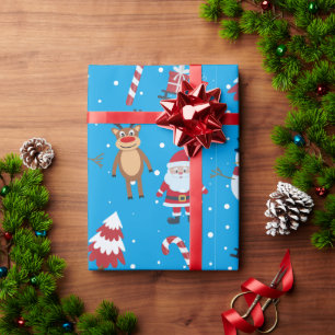 Classic Santa Reindeer Snowman Fun Holiday Pattern Wrapping Paper