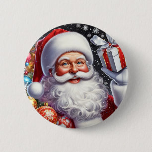 Classic Santa with present & ornaments 6 Cm Round Badge