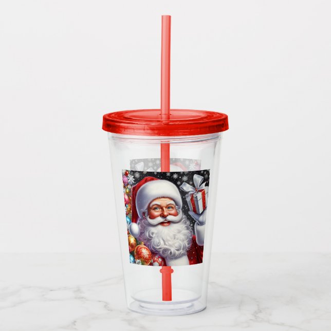 Classic Santa with present & ornaments Acrylic Tumbler (Front)
