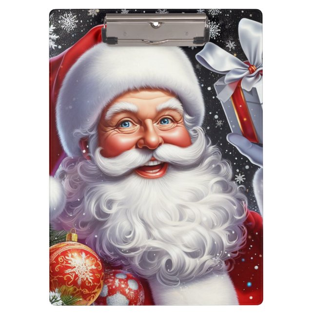 Classic Santa with present & ornaments Clipboard (Front)