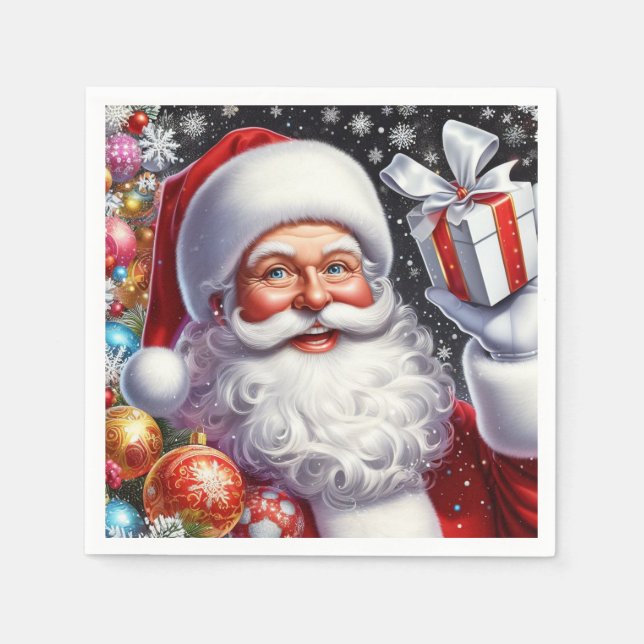 Classic Santa with present & ornaments Napkin (Front)