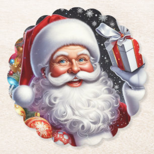 Classic Santa with present & ornaments Paper Coaster