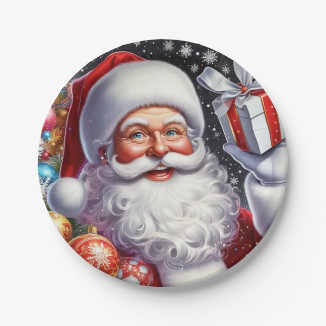 Classic Santa with present & ornaments Paper Plate (Front)