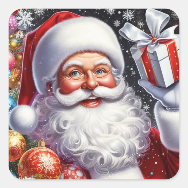 Classic Santa with present & ornaments Square Sticker (Front)