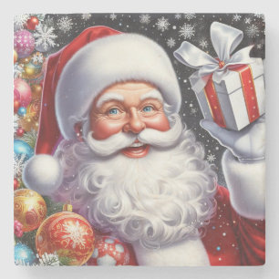 Classic Santa with present & ornaments Stone Coaster