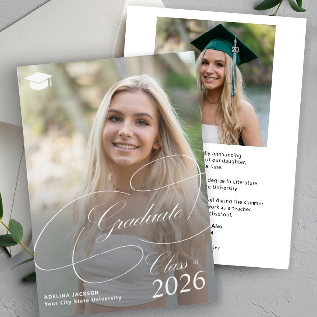 Classic script 2 photos class of 2024 graduation announcement (Creator Uploaded)