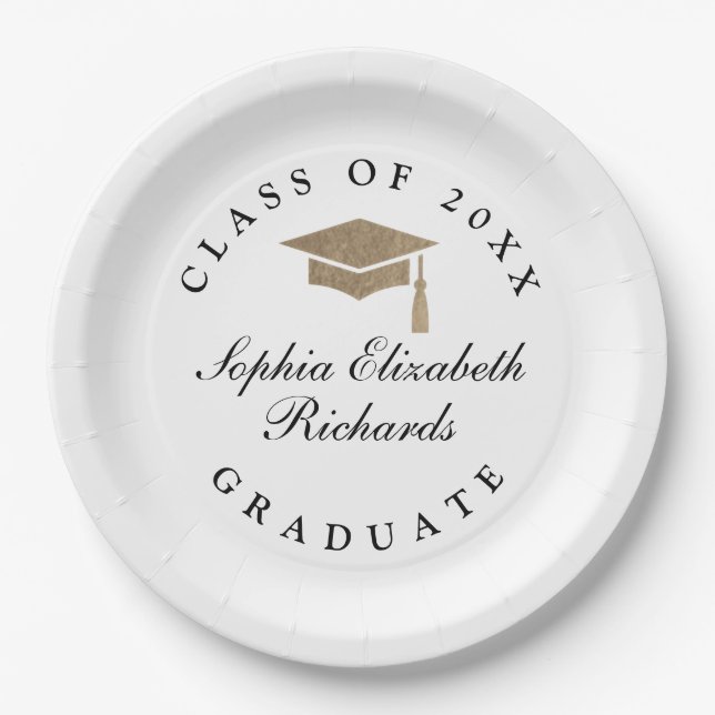 Classic Script Black and White Graduation  Paper Plate (Front)