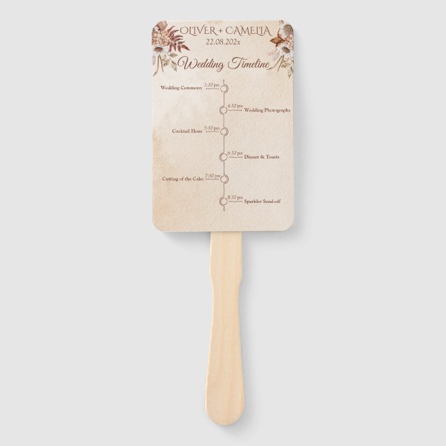 Classic Script BOHO Wedding Program and Timeline Hand Fan (Front)