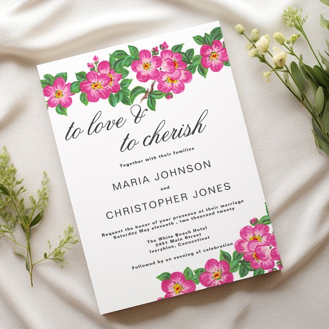 Classic script bright pink green floral wedding invitation (Classic script bright pink green floral wedding)