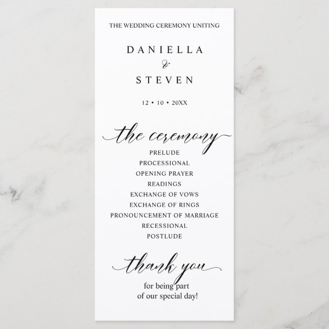 Classic Script Calligraphy Wedding Program Card (Front)