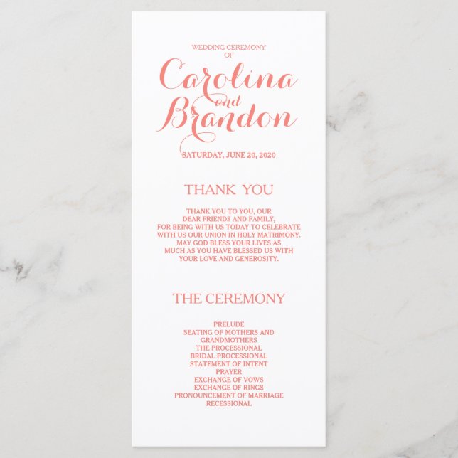 Classic Script | Coral Pink Wedding Programs Programme (Front)