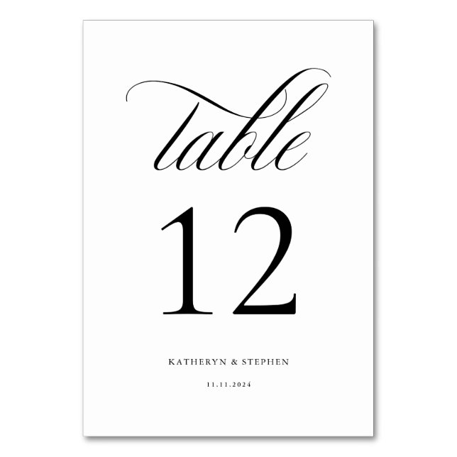Classic Script Elegant Wedding Table Number 12 (Front)