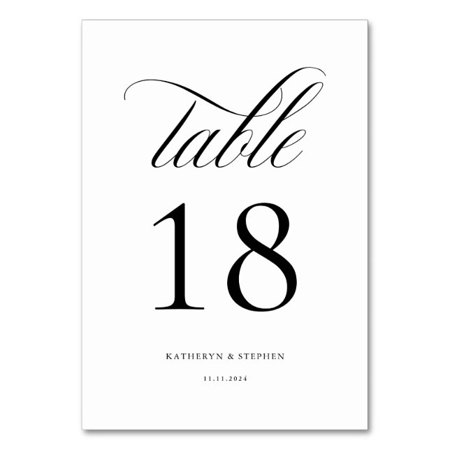 Classic Script Elegant Wedding Table Number 18 (Front)