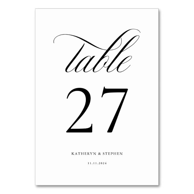 Classic Script Elegant Wedding Table Number 27 (Front)