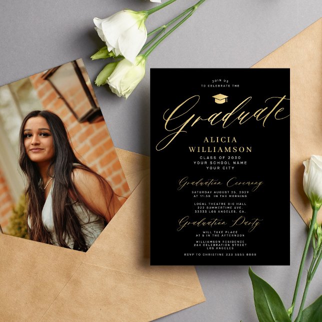 Classic script gold black photo graduation  invitation (Creator Uploaded)
