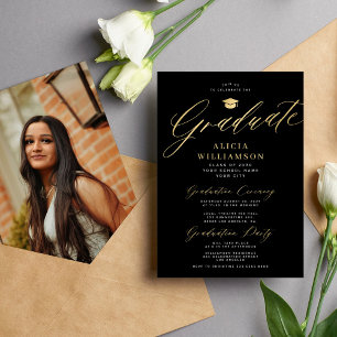 Classic script gold black photo graduation  invitation
