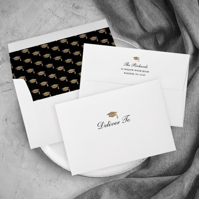 Classic Script Gold Cap Graduation Invitation Envelope (Elegant black and gold script typography graduation invitation and announcement envelope.)