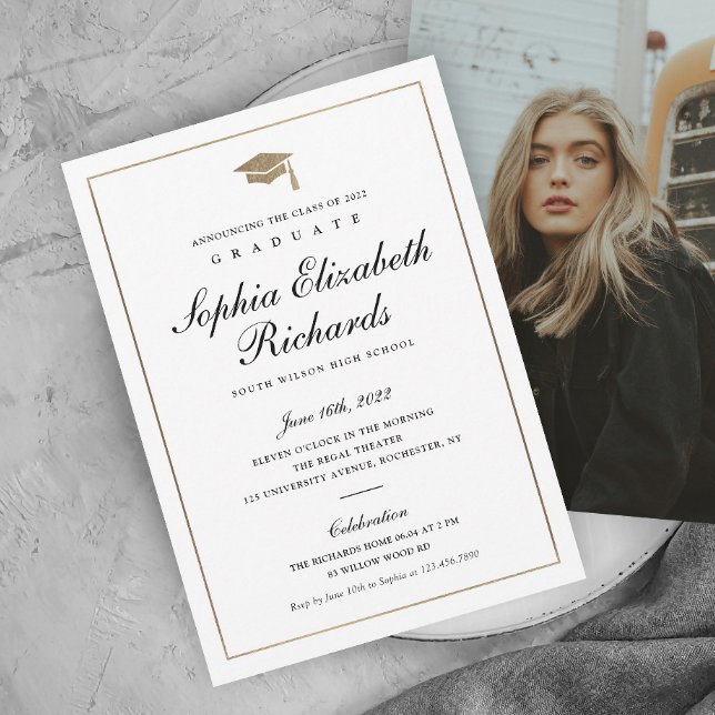 Classic Script Gold Photo Graduation Announcement (Elegant calligraphy black, white and gold photo graduation announcement.)