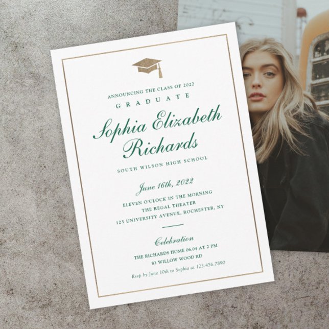 Classic Script Gold Photo Graduation Invitation (Classic green and gold script formal photo graduation invitations.)