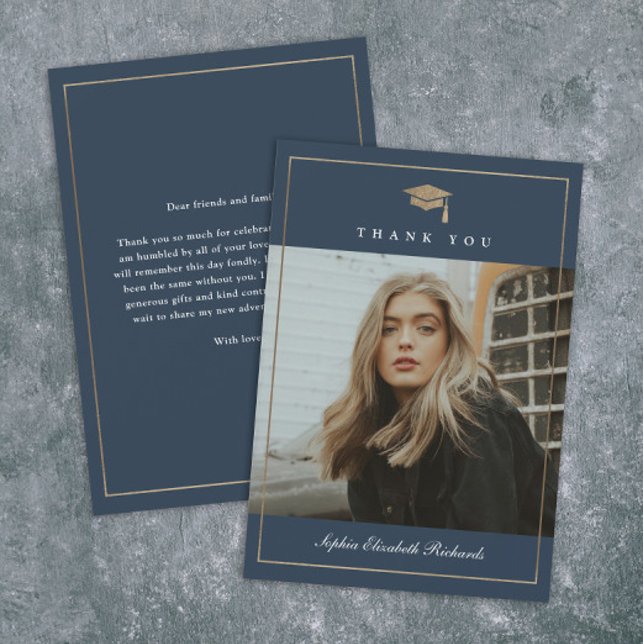 Classic Script Gold Photo Graduation Thank You Card (Elegant gold graduation cap navy blue photo graduation thank you cards.)