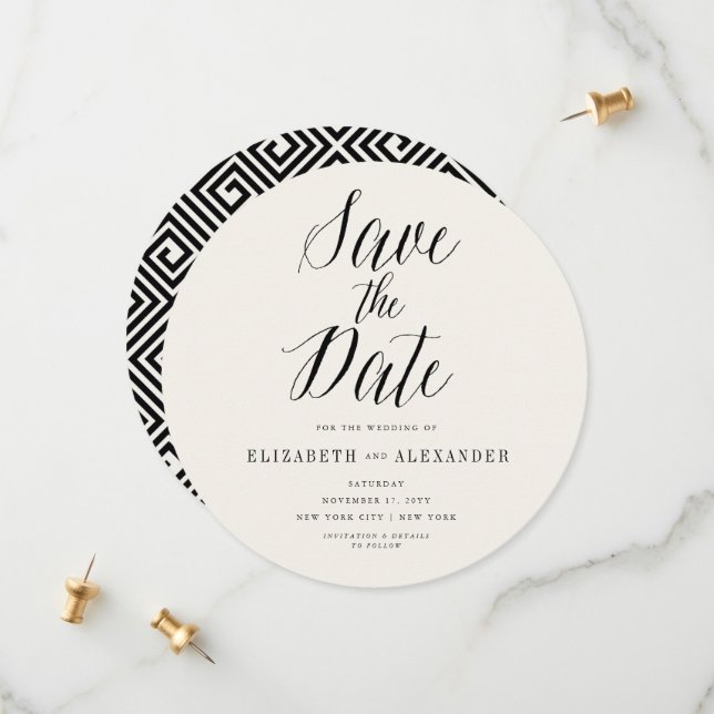 Classic Script Greek Key Geometric Elegant Photo Save The Date (Front/Back In Situ)
