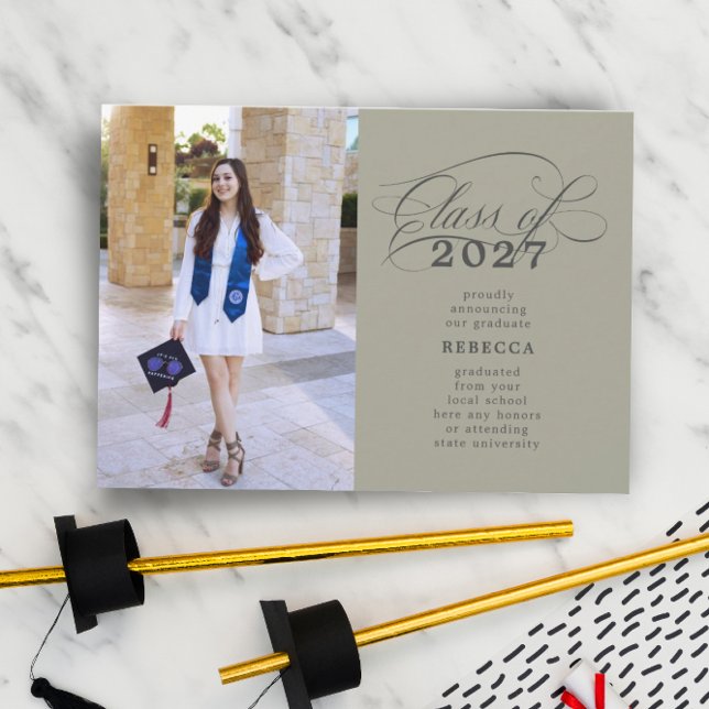 Classic Script Green Sage Photo Graduation Announcement (Creator Uploaded)