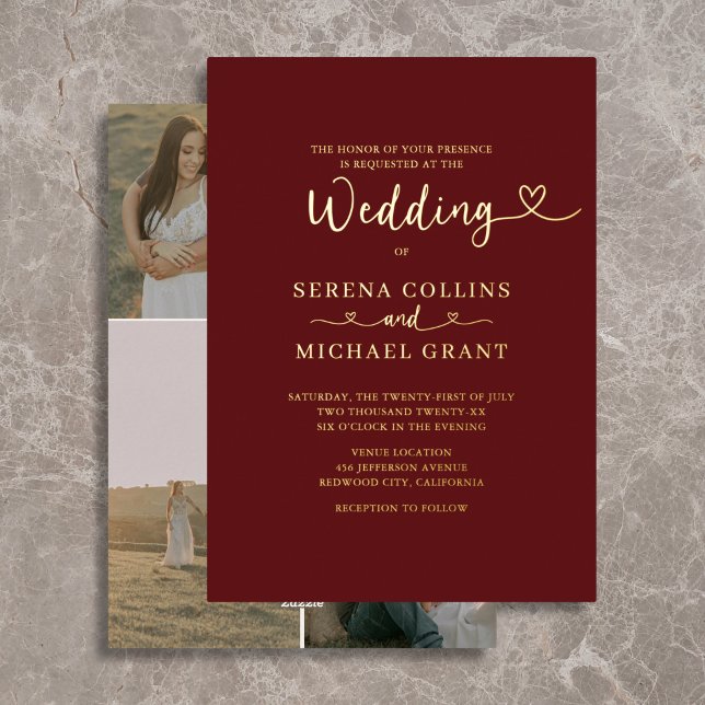 Classic Script Heart 4 Photo Burgundy Wedding (Creator Uploaded)