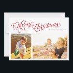 Classic Script Merry Christmas | Red 2 photo Holid Holiday Card<br><div class="desc">This Christmas Card features Merry Christmas in a classic script typography and a space for you to customise your family's name and the year! The back is a matching red with a small white cross background. The front gives you space for 2 photos with the option of adding a third...</div>
